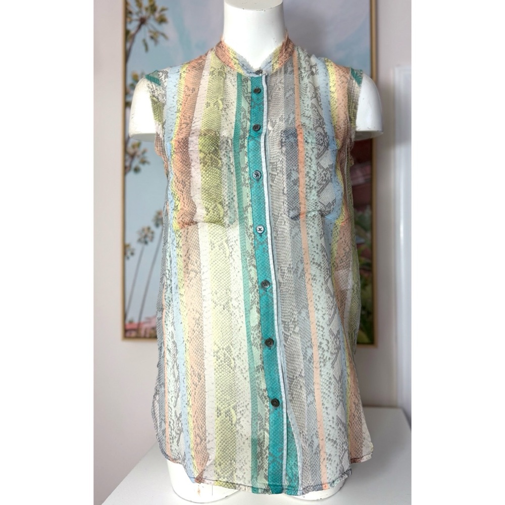 Equipment Silk Snake Print Multi Stripe Sheer Sleeveless Blouse Top XS